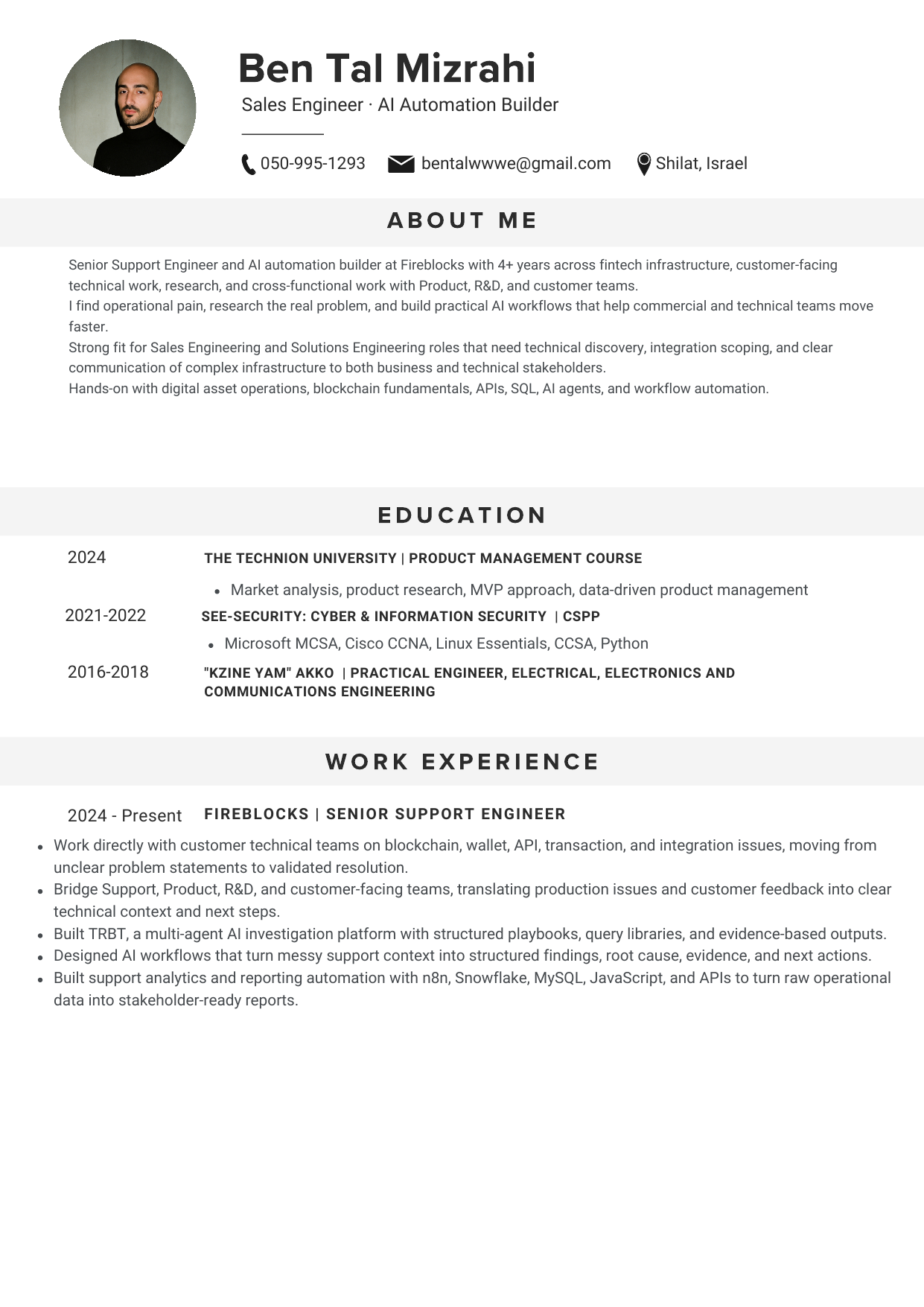 Preview of page 1 of Ben Tal Mizrahi's designed résumé